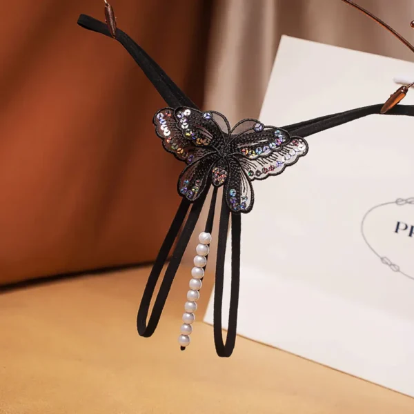 Embroidery Butterfly With Pearl Sexy Crotchless Thong - Image 5