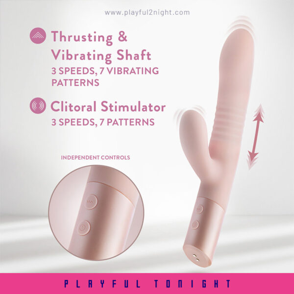 Blush | Fraya 9.5 Inch G Spot Clitoral Dual Stimulation Silicone Rabbit Vibrator With 10 Thrusting Vibrations - Image 5
