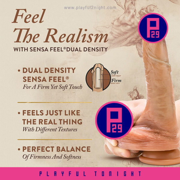 Blush | Renaissance | DaVinci 8 Inch Realistic Dildo With Sliding Foreskin & Squeezable Balls - Dual Density - Liquid Silicone - Tan - Image 3