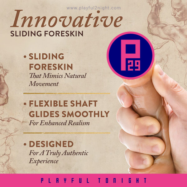 Blush | Renaissance | DaVinci 8 Inch Realistic Dildo With Sliding Foreskin & Squeezable Balls - Dual Density - Liquid Silicone - Tan - Image 5