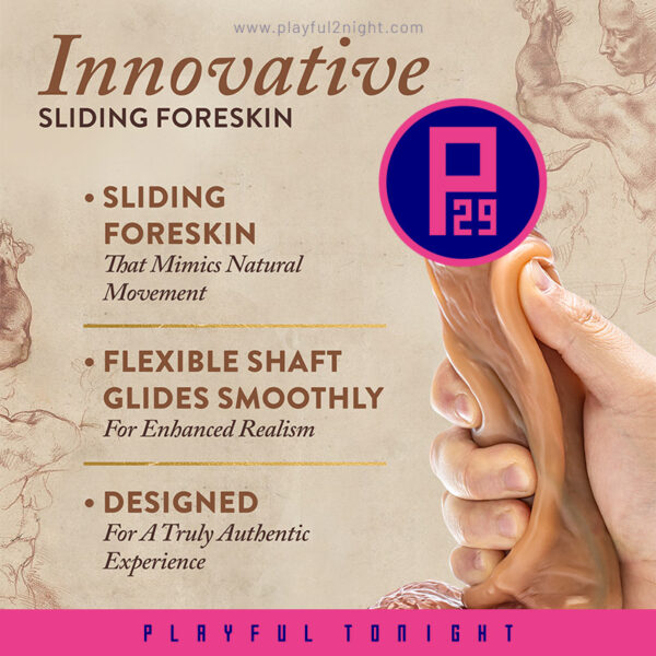 Blush | Renaissance | Raphael 9.5 Inch Realistic Dildo With Sliding Foreskin & Squeezable Balls - Dual Density - Liquid Silicone - Tan - Image 5